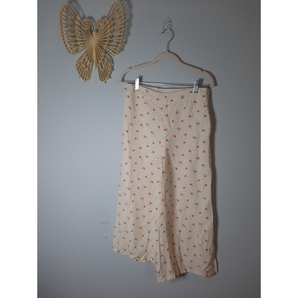 Feather Bone by Anthropologie Cherry Print Wide Leg Cropped Pants Cream Red Sz 2